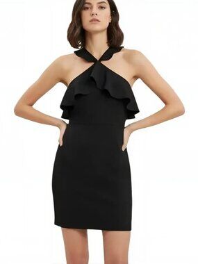 Zara Black Ruffled Halter Open Back Mini Dress Sorority Recruitment L NWT